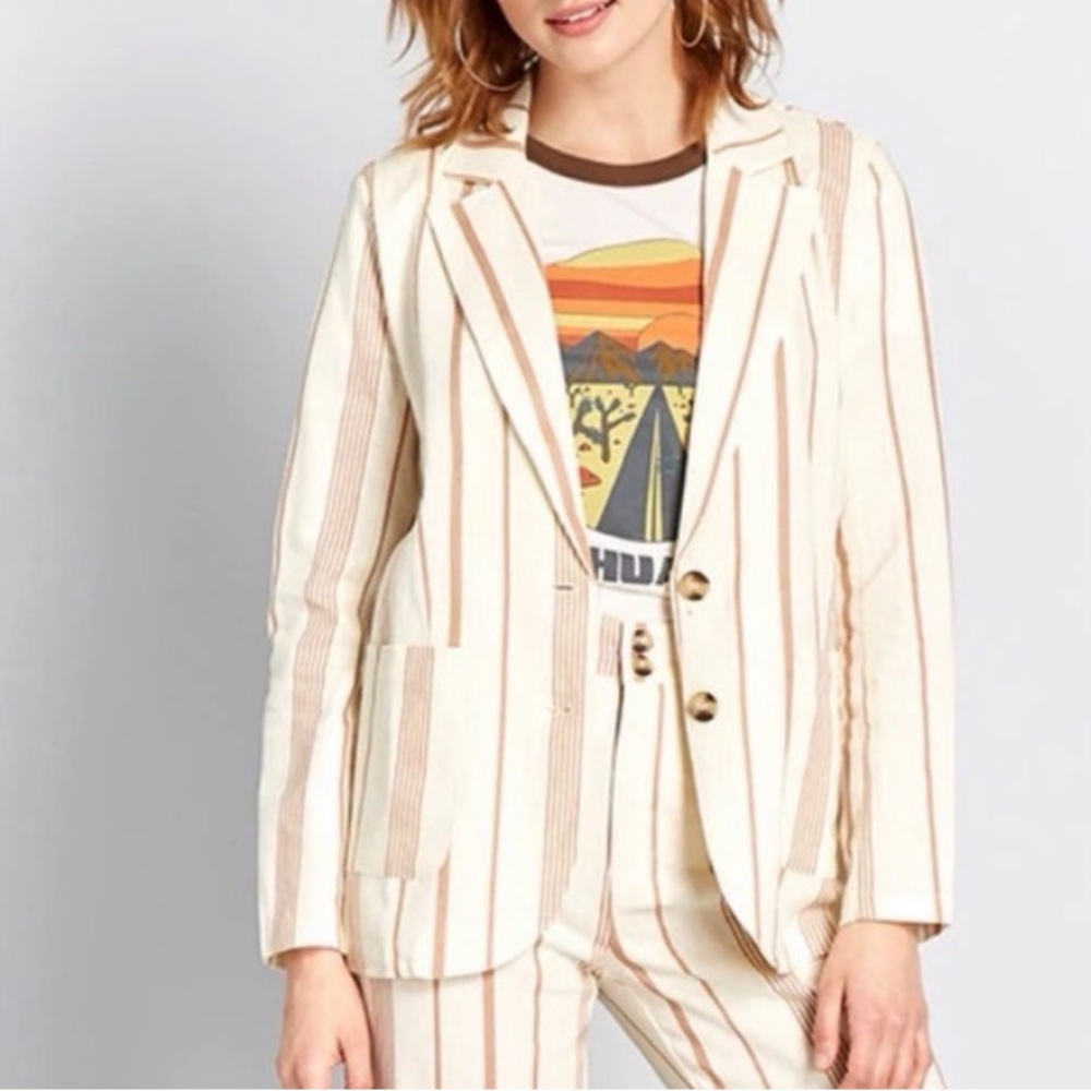 Mod Cloth Cream Striped Linen Blazer- Large